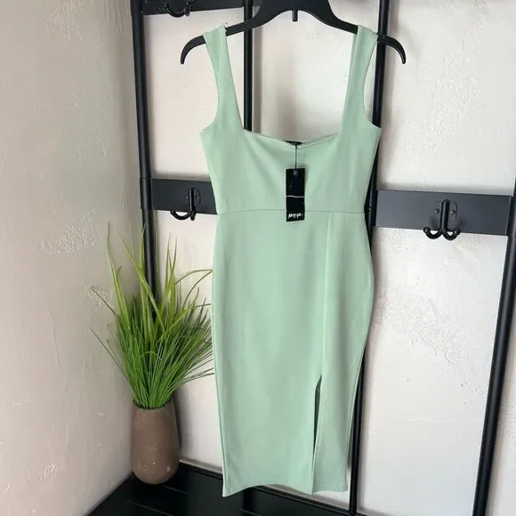Nasty Gal Square Neck Split Hem Midi Sage Dress Size 4 - Picture 10 of 16